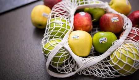 Una borsa di stoffa piena di mele altoatesine di diverse varietà.