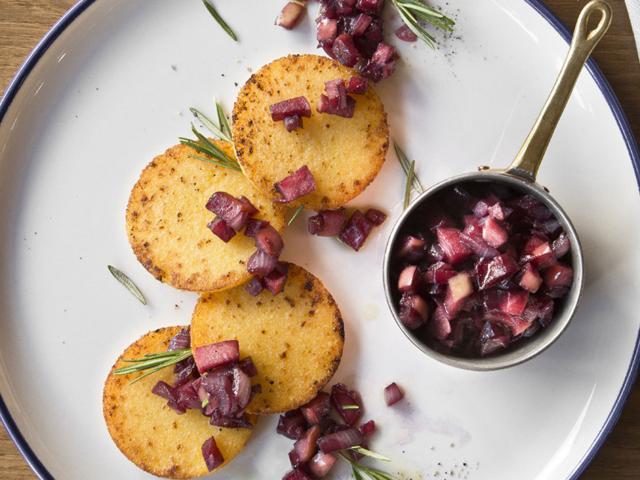 Cheese polenta ‘thaler’ with apple chutney