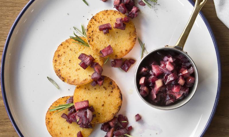 Cheese polenta ‘thaler’ with apple chutney