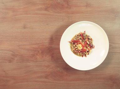 Barley risotto with braised radicchio, speck and apple